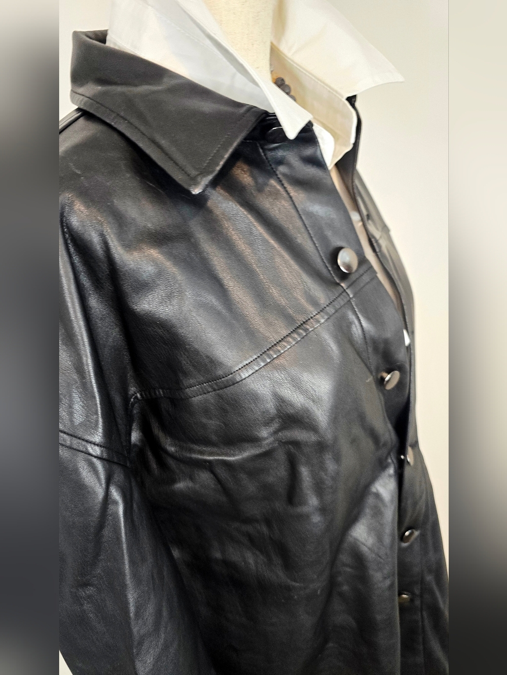Black Faux Leather Shacket Oversized Button Front Minimalist Streetwear Classic